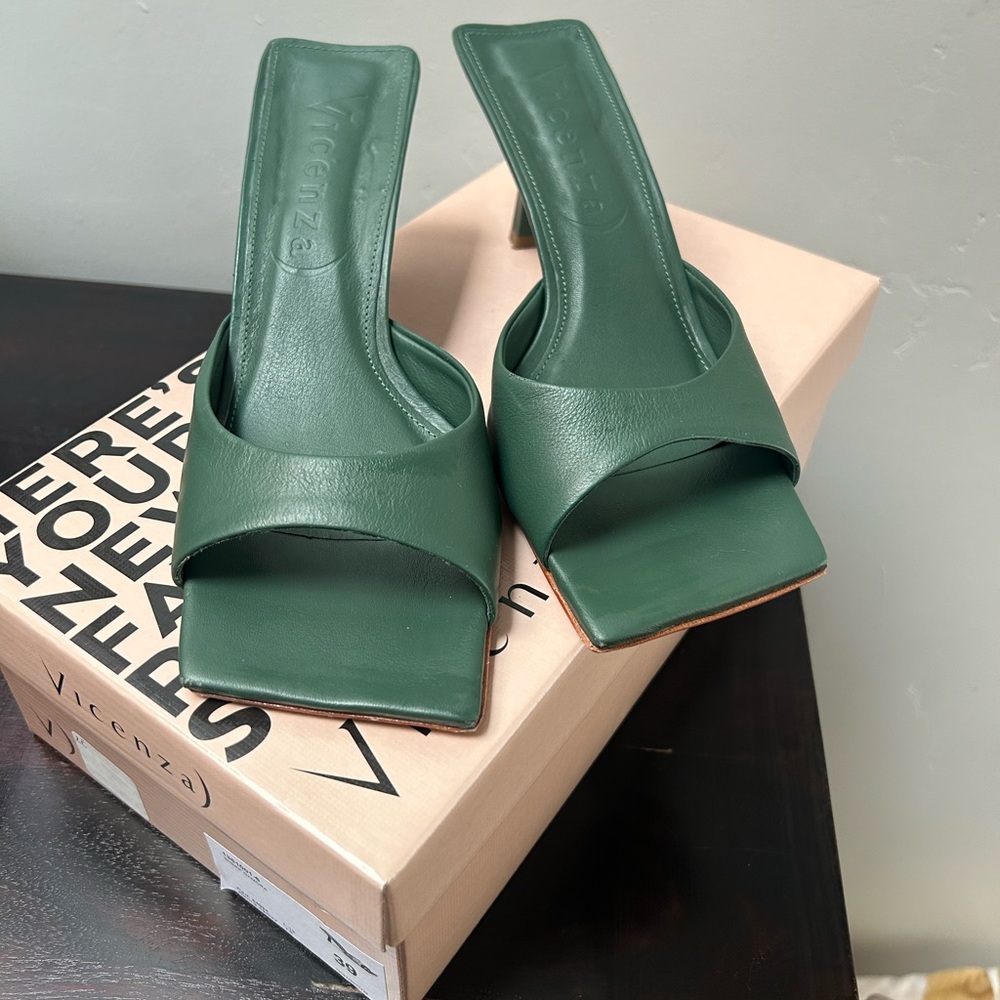 Anthropologie Green Square-Toe Slide Heels